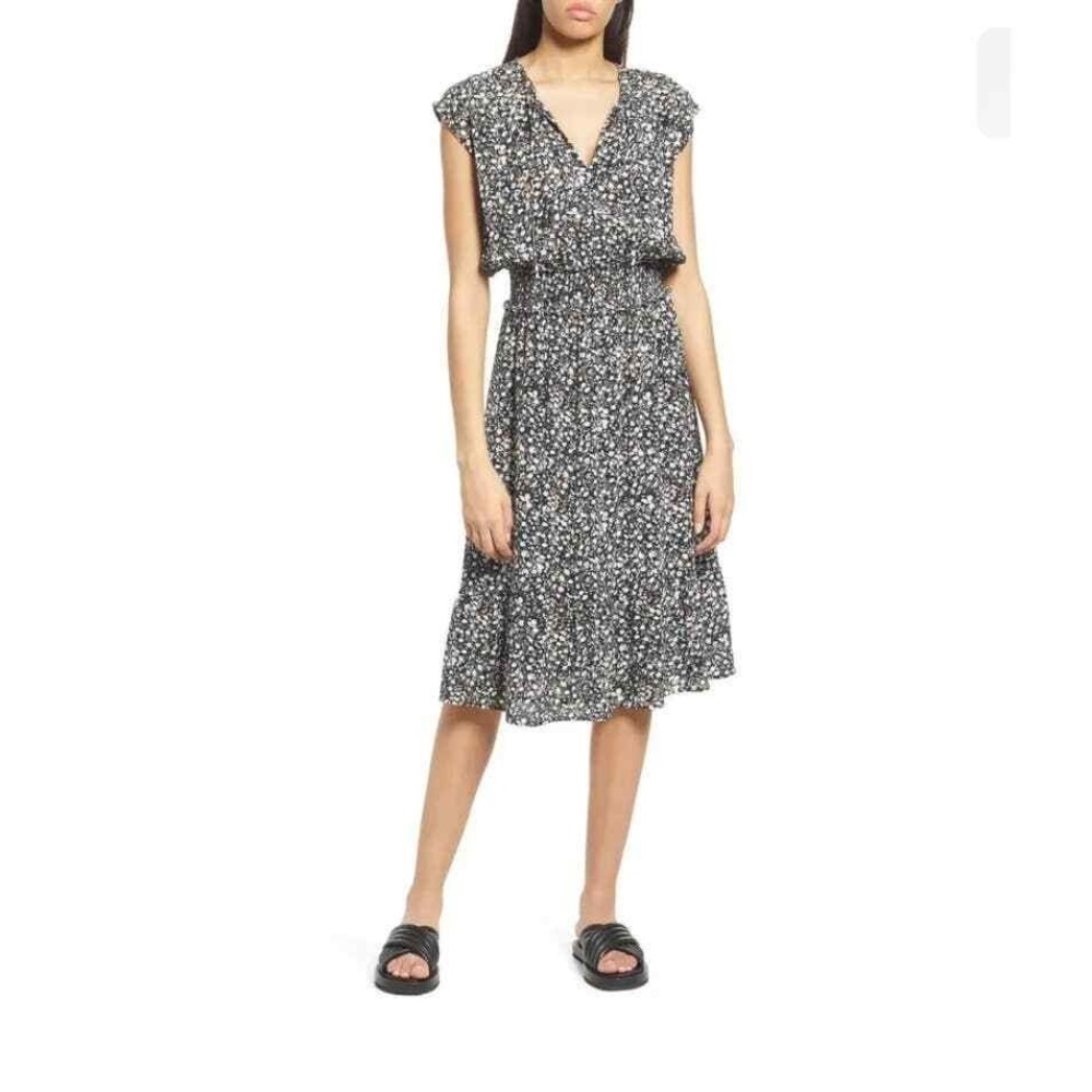 Rails Ashlyn Dress Sz L Ivy Black Floral Smocked Waist Lined Midi Coastal Preppy